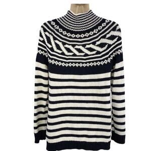 Talbots Sweater Sz Large Black White Mock Neck Geometric Sporty French Stripes